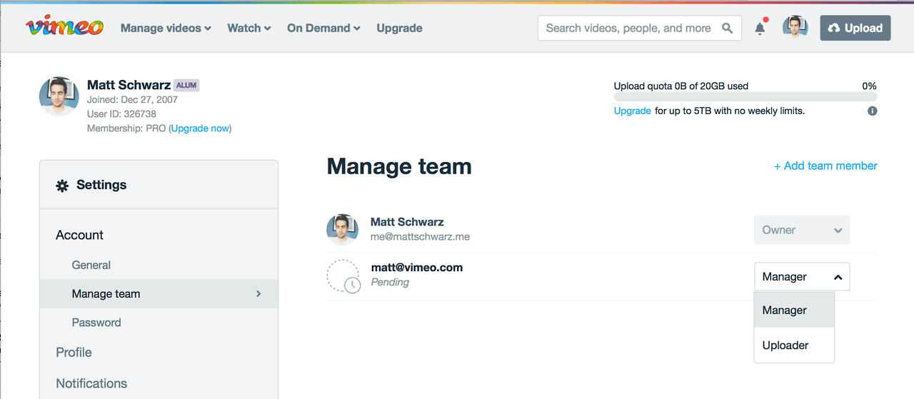 As part of Vimeo’s Business account launch I implemented an account and user management sy…
