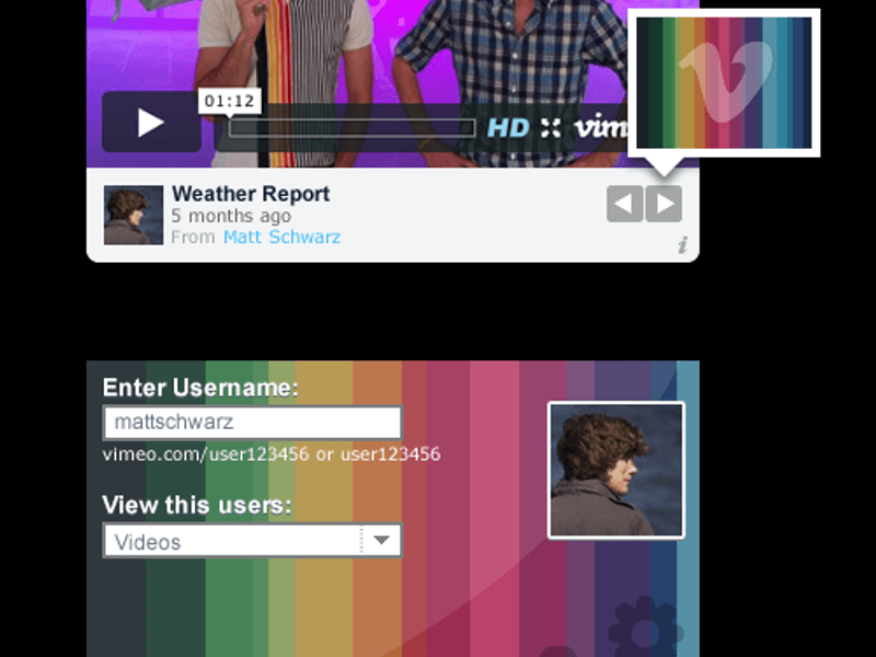 A proposed redesign for Vimeo’s OS X desktop widget. Unfortunately we decided to no longer