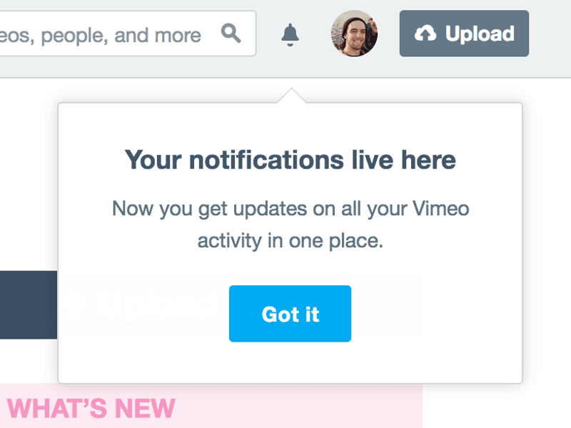 To draw attention to new features on Vimeo, I created a reusable notification popover modu…