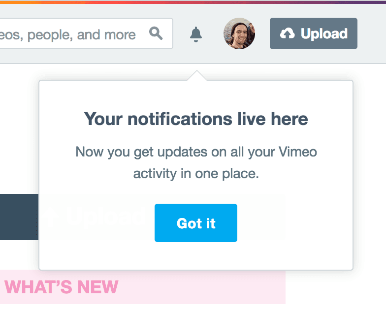 To draw attention to new features on Vimeo, I created a reusable notification popover modu…